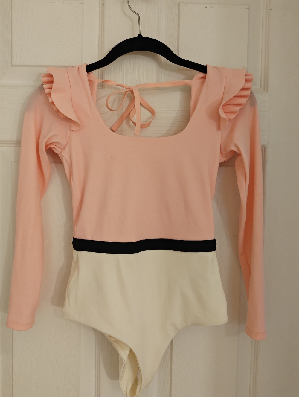 Puntamar Agnes Pink and White Long Sleeve One-Piece with Ruffle Shoulders
